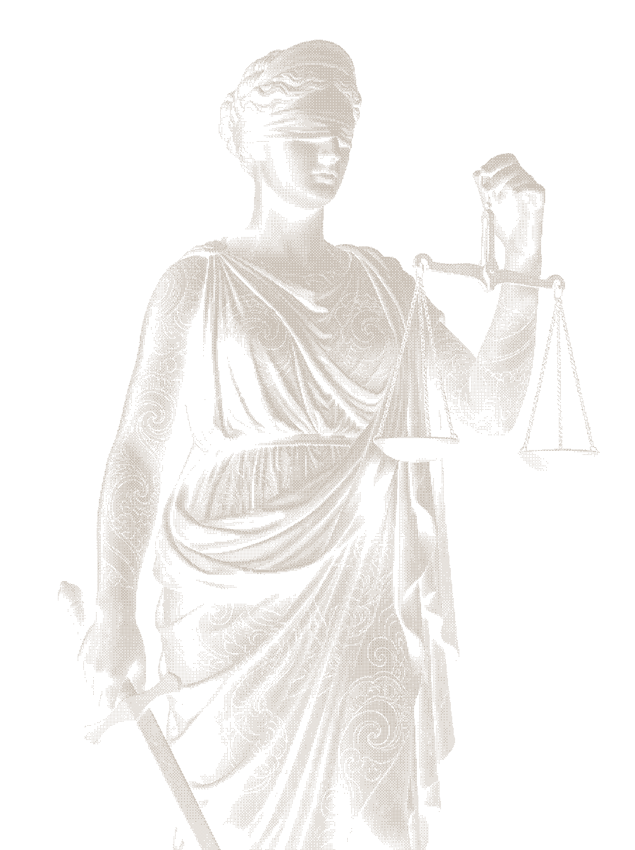 A blindfolded marble Lady Justice with scales and sword, engraved irezumi, dithered to bone