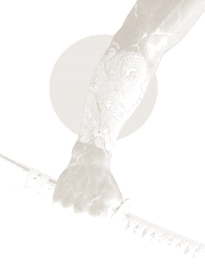 A marble fist gripping a katana, engraved irezumi across the stone, dithered to bone