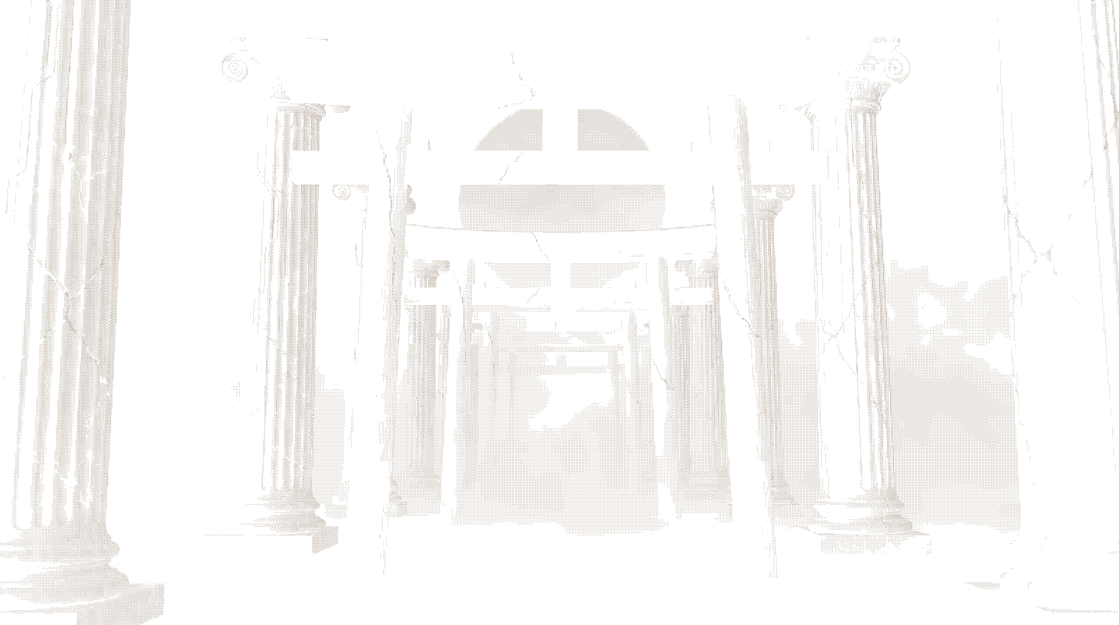 Marble columns and torii gates receding into the dark, dithered to bone