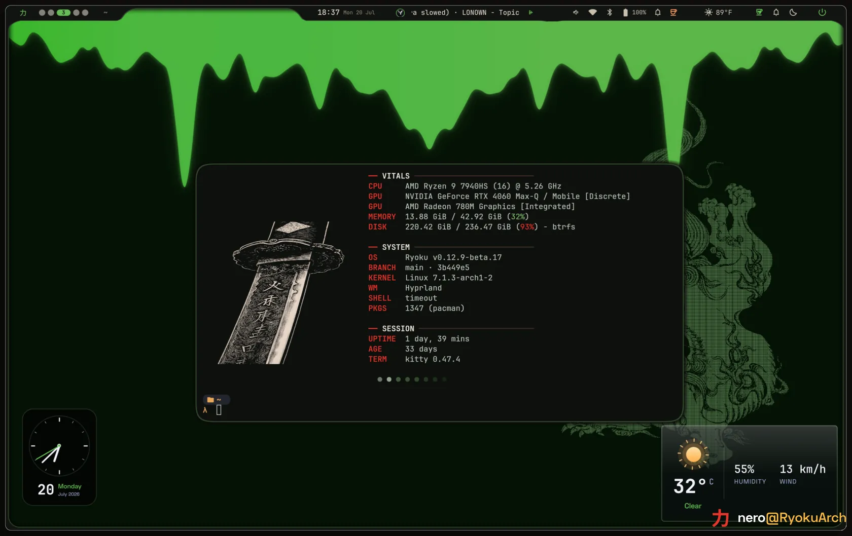 Ryoku The desktop, Fastfetch, widgets, a live wallpaper