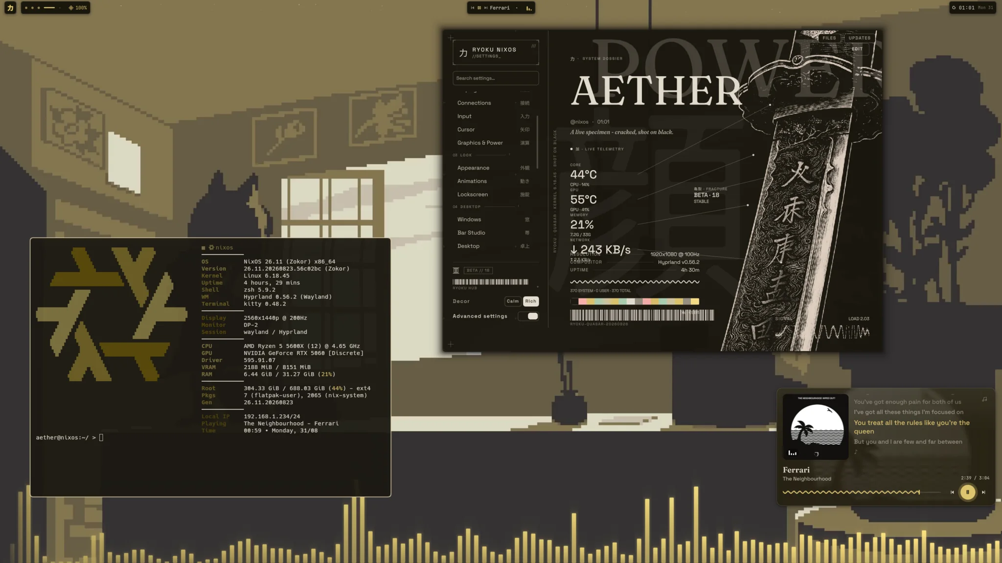 Ryoku desktop, AETHER, a tan room, one kanji.