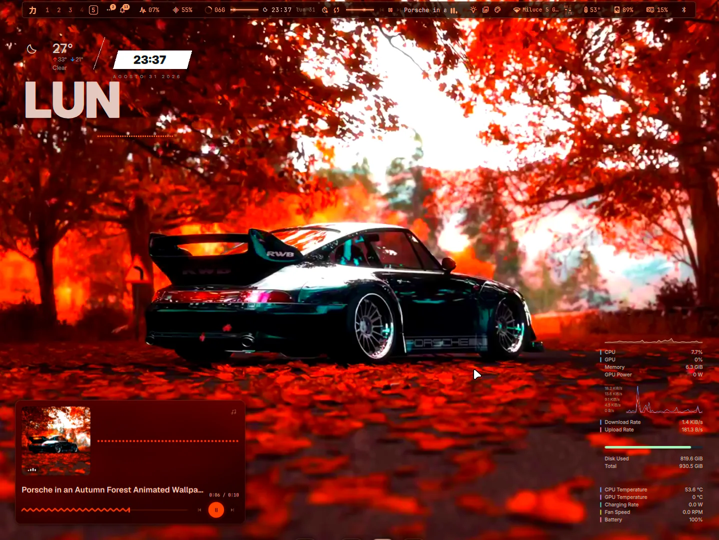 Ryoku desktop, Red autumn, a black Porsche.