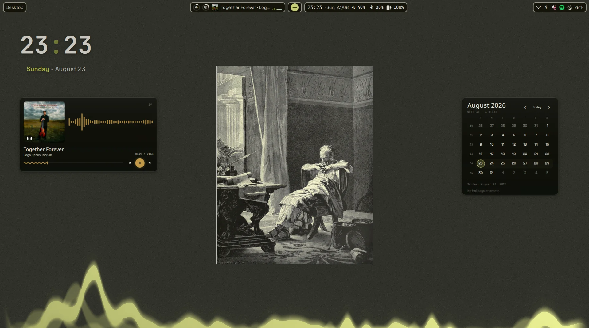 Ryoku desktop, Olive dusk, engraved, at 23:23.