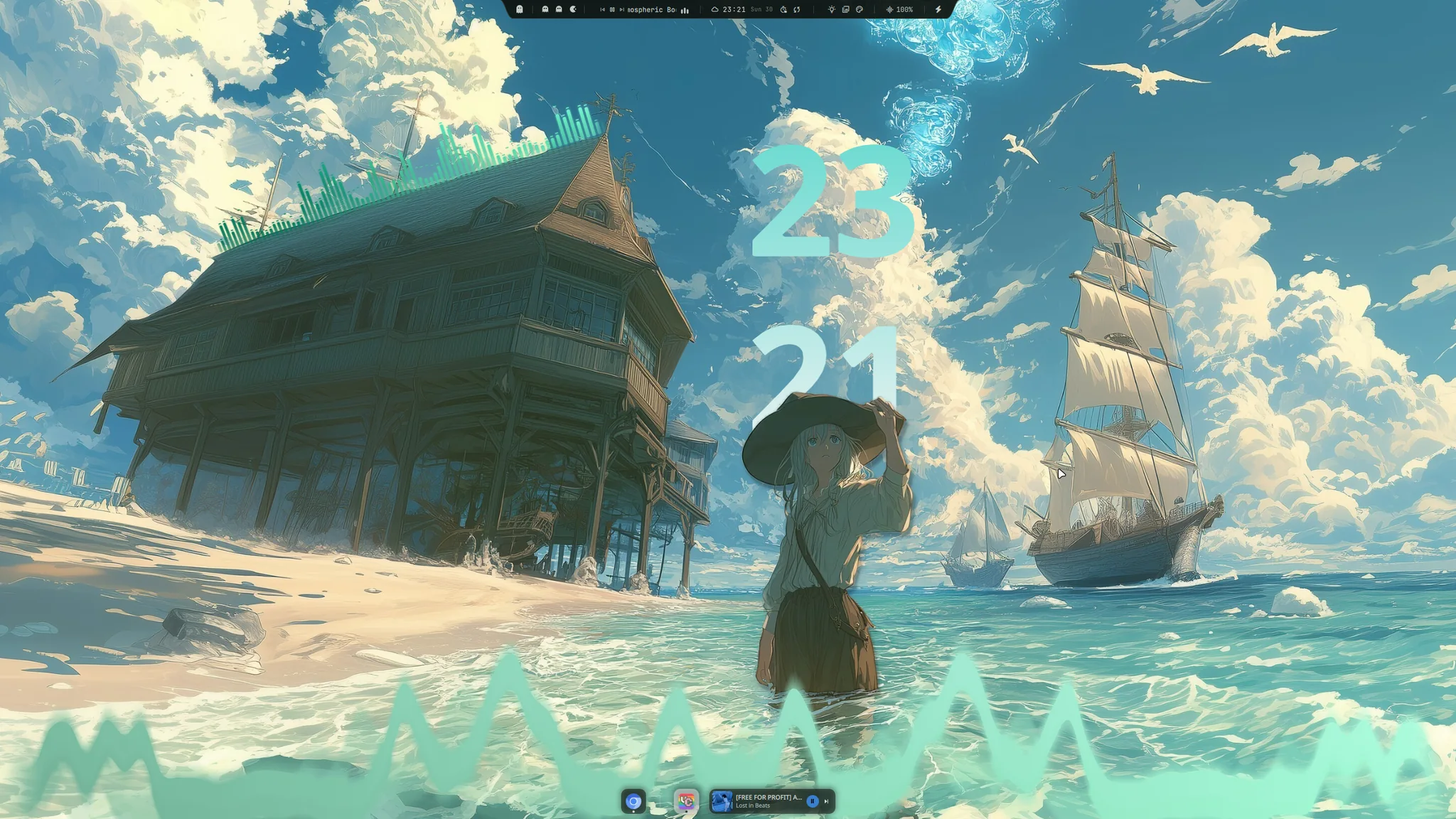 Ryoku desktop, Anime ships adrift under tall clouds.